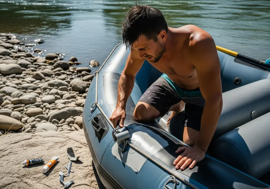 A man in boardshorts performs a field repair on his inflatable raft, using a seam roller on a new patch.
