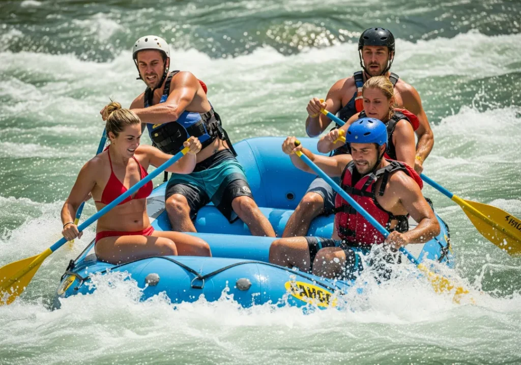 Full-body shot of a rafting crew in their late 20s paddling out of sync, illustrating a teamwork failure in a whitewater rapid.