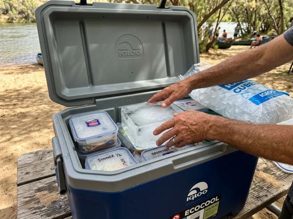 Hands layering block ice and cubed ice over food in watertight containers inside an open cooler