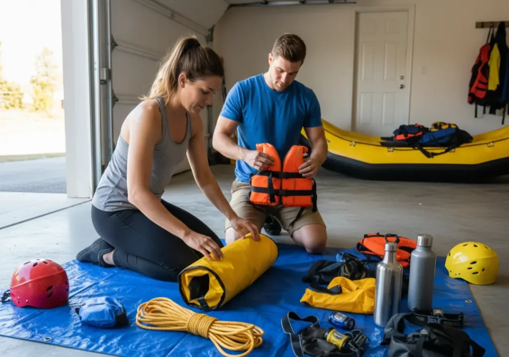 A full-body shot of a young couple in their garage packing and organizing their gear for an upcoming rafting trip.