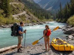 Packrafting vs. Backpacking: A River Safety & Gear Analysis A man with a backpack and a woman with a packraft stand on a riverbank, illustrating the choice between hiking and water travel.
