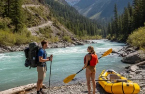 Packrafting vs. Backpacking: A River Safety & Gear Analysis A man with a backpack and a woman with a packraft stand on a riverbank, illustrating the choice between hiking and water travel.