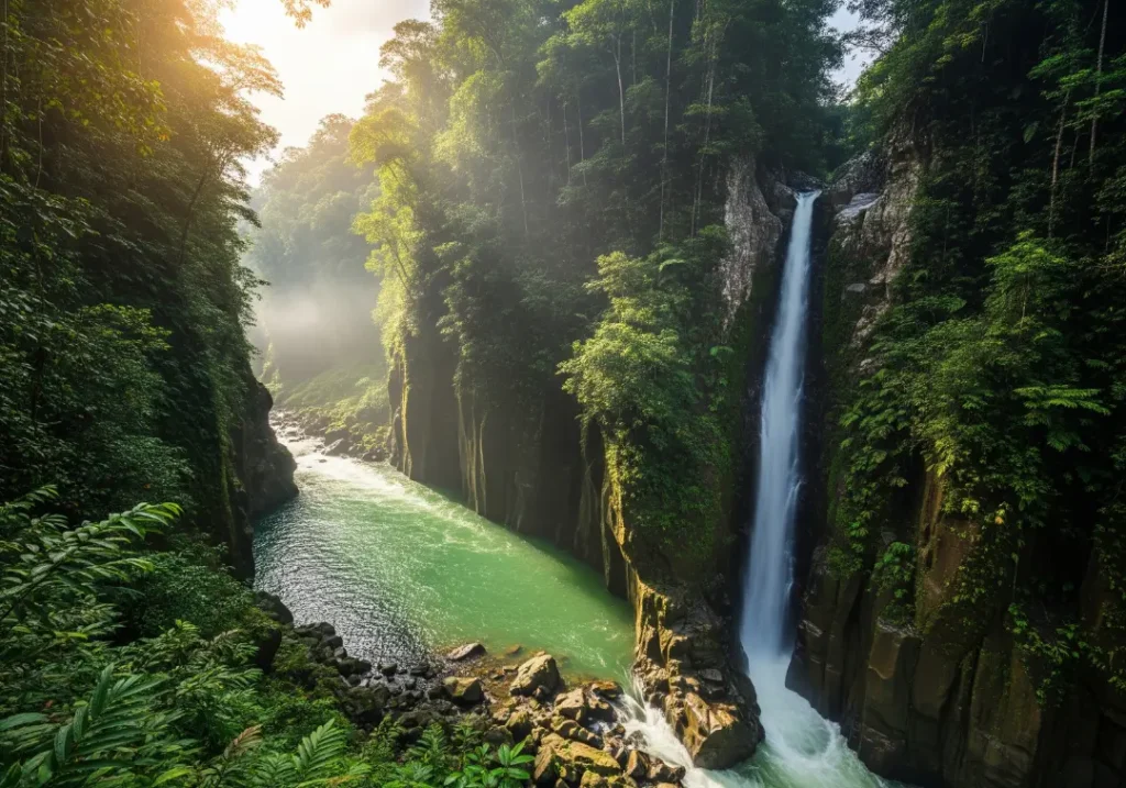 A stunning view of the Pacuare River in Costa Rica, featuring turquoise water, a cascading waterfall, and towering, rainforest-covered canyon walls.