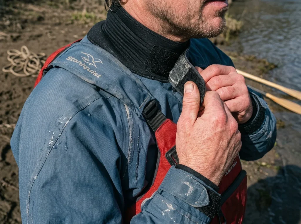 Close-up of hands cinching the neoprene neck closure on a paddle jacket over a PFD
