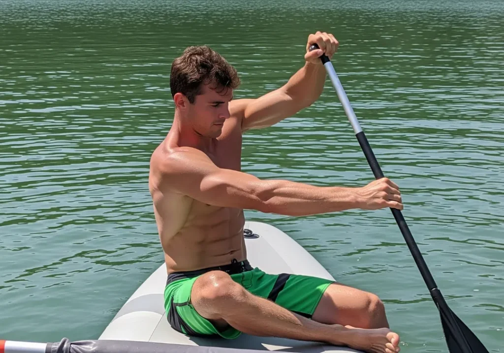 A full-body shot of a fit man demonstrating correct, core-driven paddling posture on a raft to illustrate the safety benefits of proper paddle length.