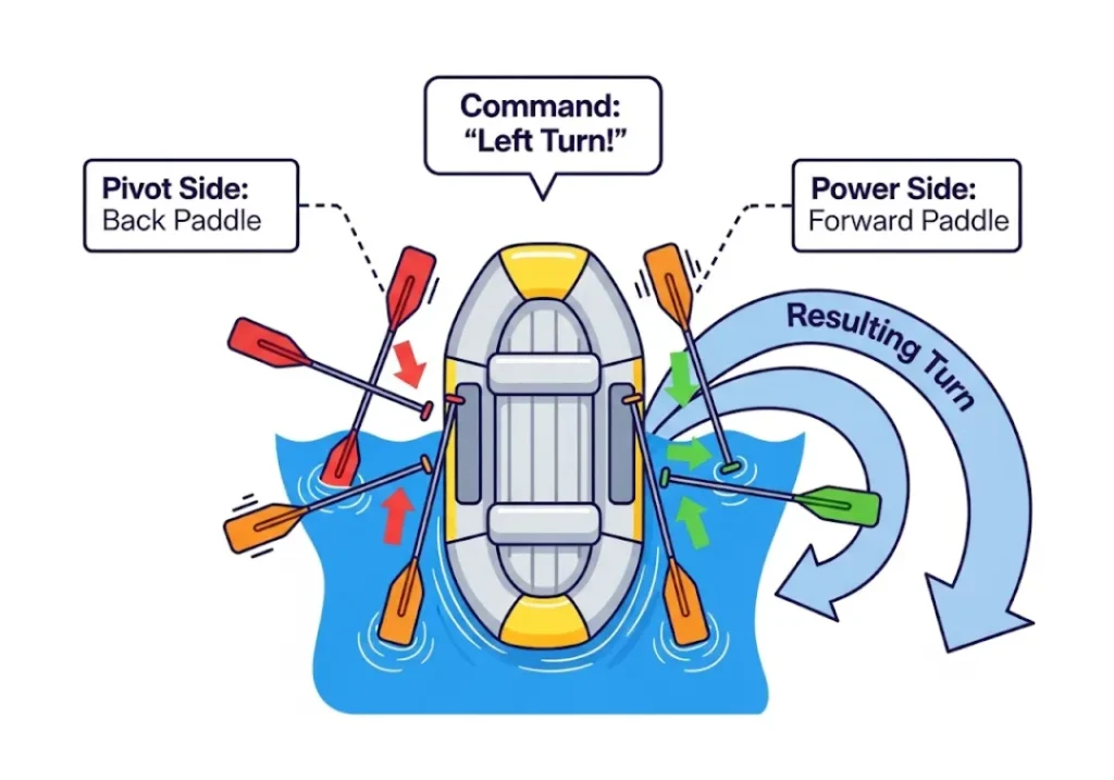 A top-down diagram showing how a paddle raft crew executes a coordinated left turn. The paddlers on the left perform a back paddle (red arrows), while the paddlers on the right perform a forward paddle (green arrows), causing the raft to pivot left.
