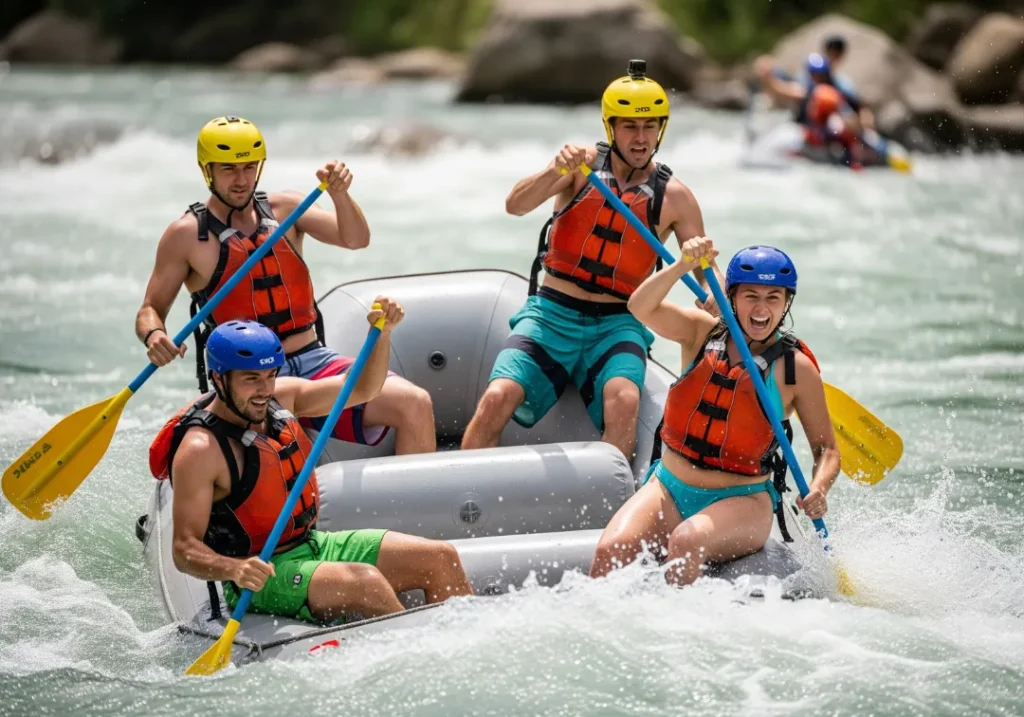 A team of four young adult rafters in bikinis and boardshorts work in unison to execute a sharp pivot turn in a paddle raft.