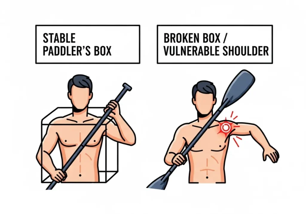 An infographic diagram comparing correct and incorrect paddling form. The left side shows a paddler maintaining a "Stable Paddler's Box." The right side shows a paddler with a "Broken Box" from over-reaching, highlighting the shoulder as a vulnerable point.
