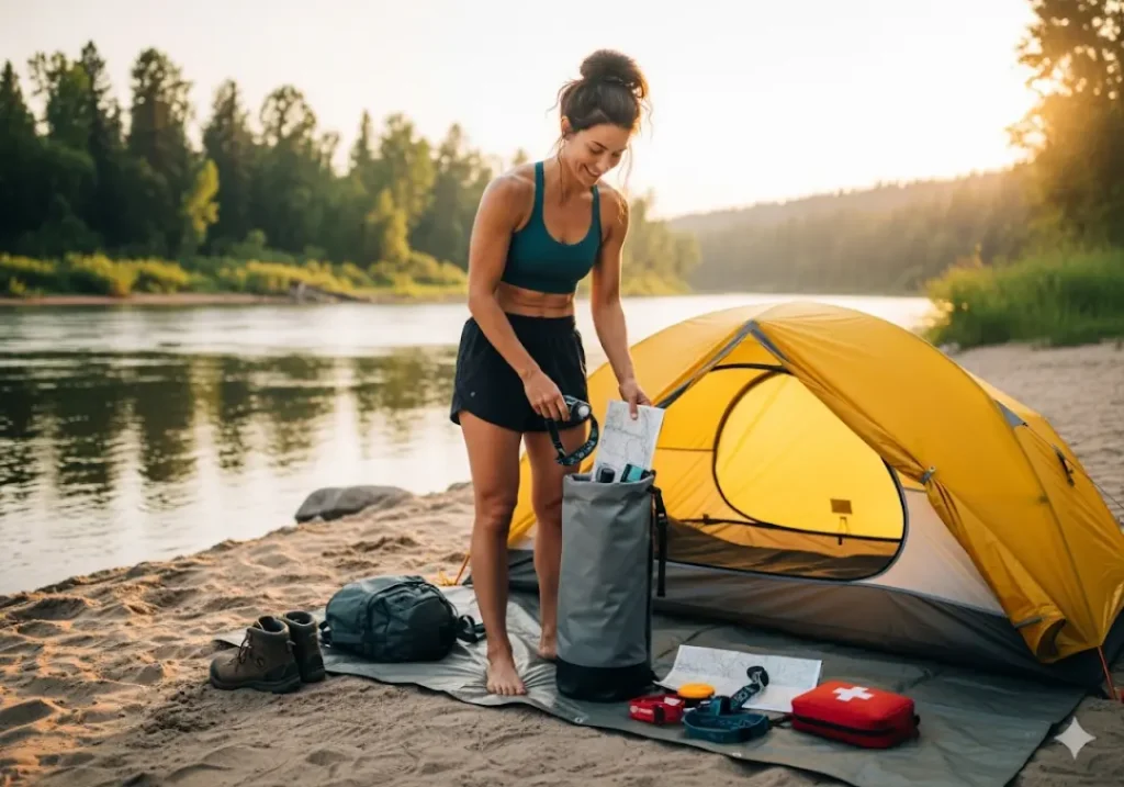 A full-body shot of a woman in athletic wear organizing her personal gear by her tent at a riverside camp, illustrating personal comfort and hygiene.