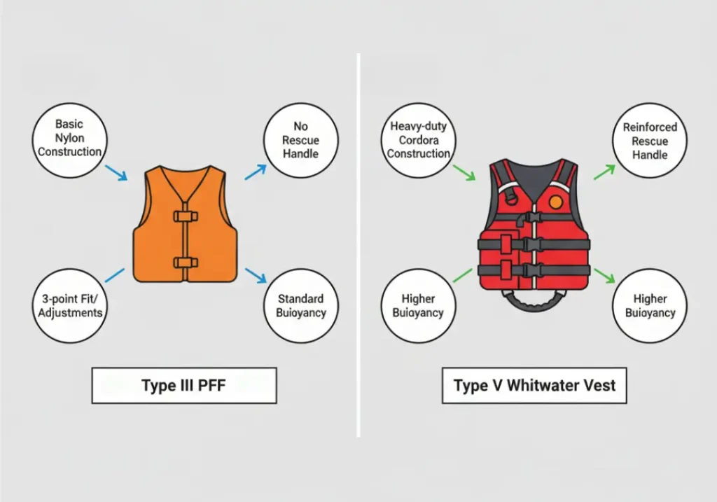 An infographic comparing a basic Type III PFD with a professional Type V whitewater vest, highlighting differences in buoyancy, construction, fit, and rescue features.