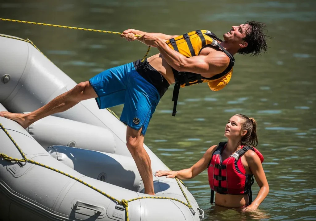 A man in his late 20s uses a flip line and his body weight to physically re-right an overturned raft on a river.