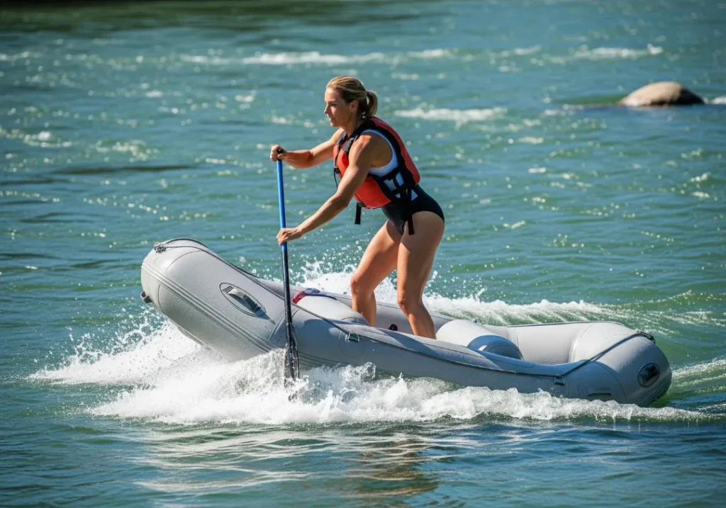A fit woman in her late 20s guides a raft solo, demonstrating how angling the boat against the current creates sideways movement.