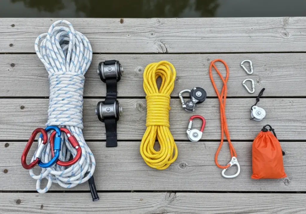 A side-by-side comparison of pin kits for a raft, kayak, and packraft, showing the difference in size and weight.