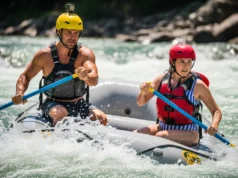 Step-by-Step Pivot Turn Rafting: From Drills to Rapids A fit man and woman in their late 20s executing a sharp pivot turn in a whitewater raft through turbulent rapids on a sunny day.
