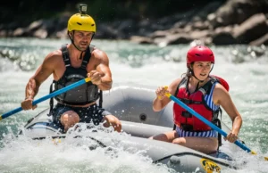 Step-by-Step Pivot Turn Rafting: From Drills to Rapids A fit man and woman in their late 20s executing a sharp pivot turn in a whitewater raft through turbulent rapids on a sunny day.