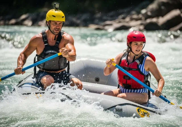 pivot-turn-rafting-in-rapids A fit man and woman in their late 20s executing a sharp pivot turn in a whitewater raft through turbulent rapids on a sunny day.