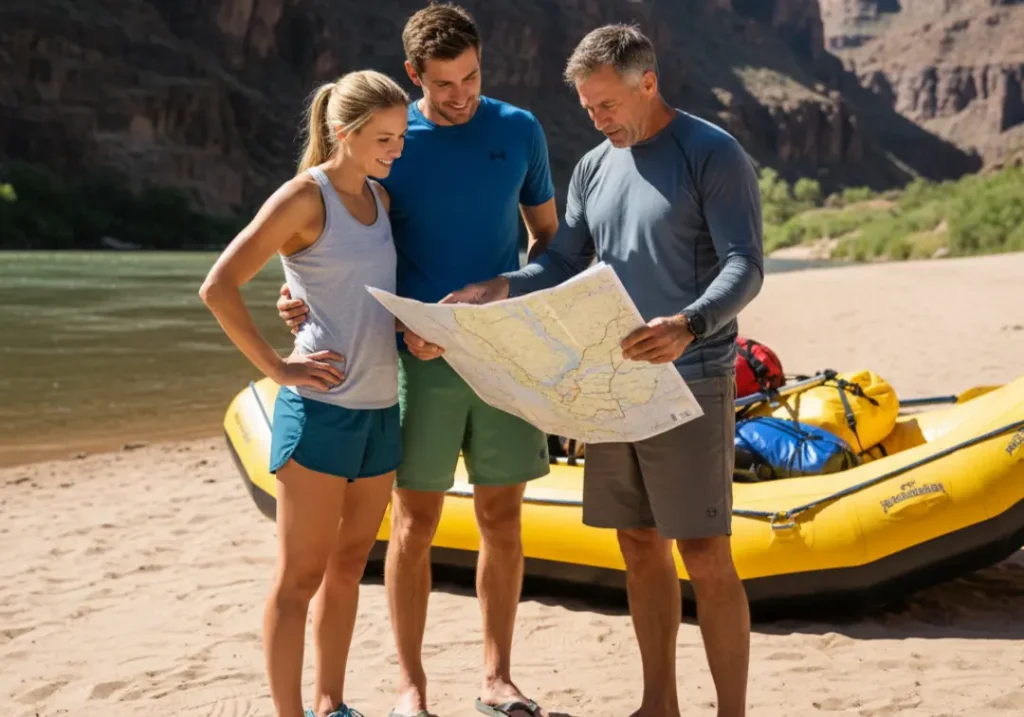 A couple in their late 20s looks at a river map with their guide, planning the perfect family rafting adventure.