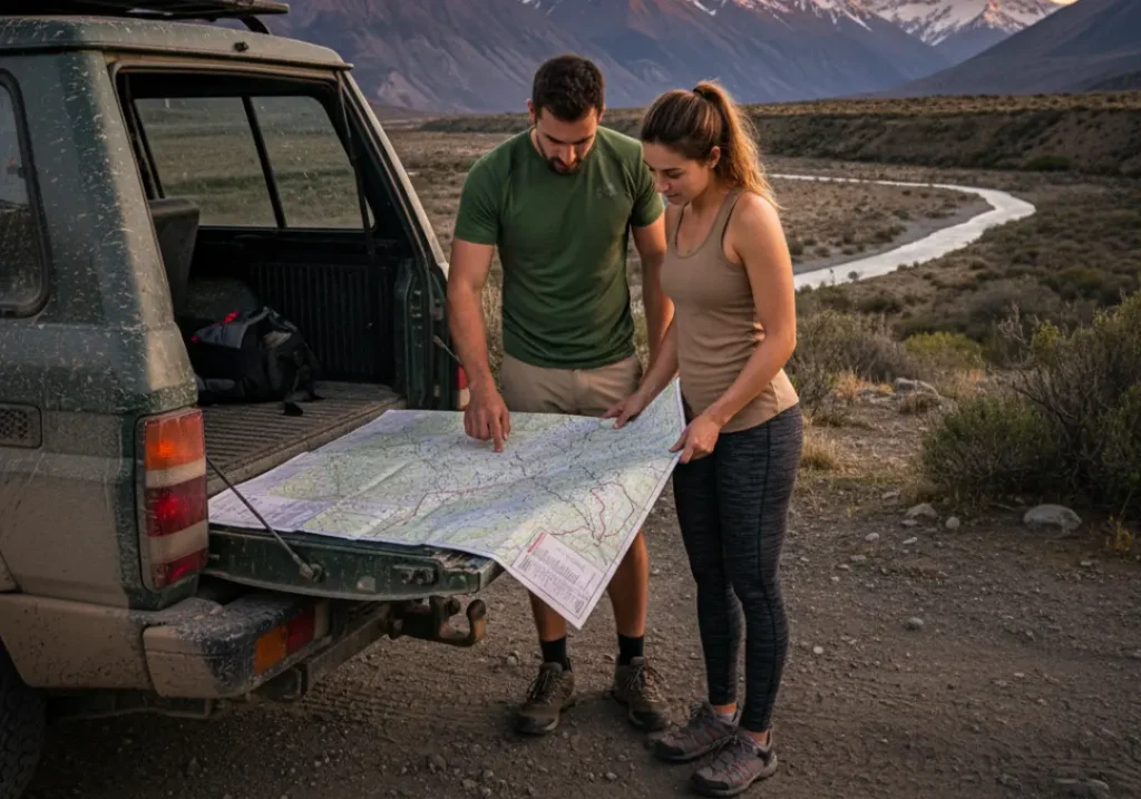 A fit couple in their late 20s plans a trip using a large map spread on their 4x4 vehicle in the Andes mountains.