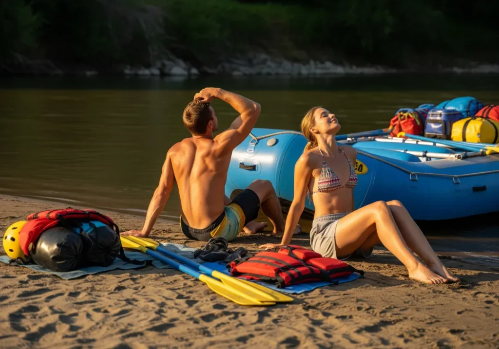 A fit couple in their late twenties relaxes and stretches on a riverbank at sunset next to their raft after a multi-day trip.