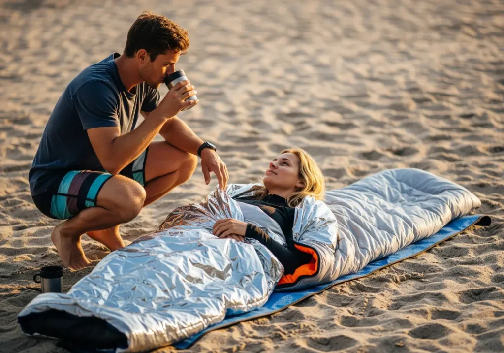 On a sunny riverbank, a man cares for a woman who is lying down and wrapped in a hypothermia blanket after being rescued from the water.