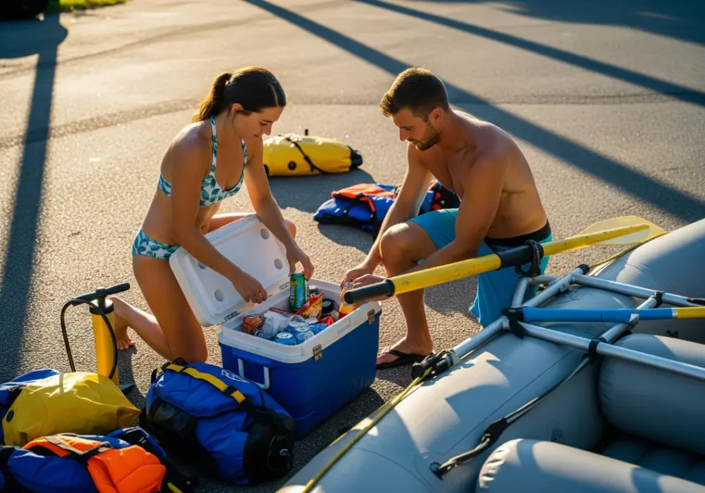 A full-body shot of a fit couple in swimwear respectfully organizing their rafting gear at a boat ramp staging area in the morning sun.