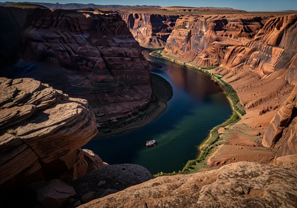 A stunning wide-angle view of a premier US river carving through a massive wilderness canyon, with a tiny raft visible to show scale.