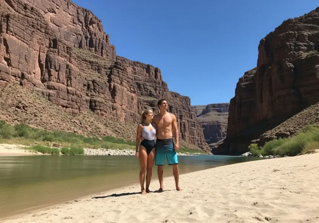 A fit couple stands on a clean riverbank, looking at the pristine canyon, illustrating the result of strict Leave No Trace bathroom etiquette.