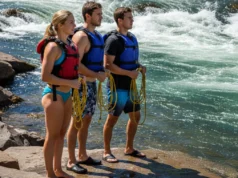 The Rafter’s Code: Inside Private Boater Culture Three private rafters, two men and a woman, stand on a sunny riverbank with throw ropes, setting safety for an upcoming rapid.