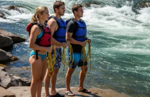 The Rafter’s Code: Inside Private Boater Culture Three private rafters, two men and a woman, stand on a sunny riverbank with throw ropes, setting safety for an upcoming rapid.