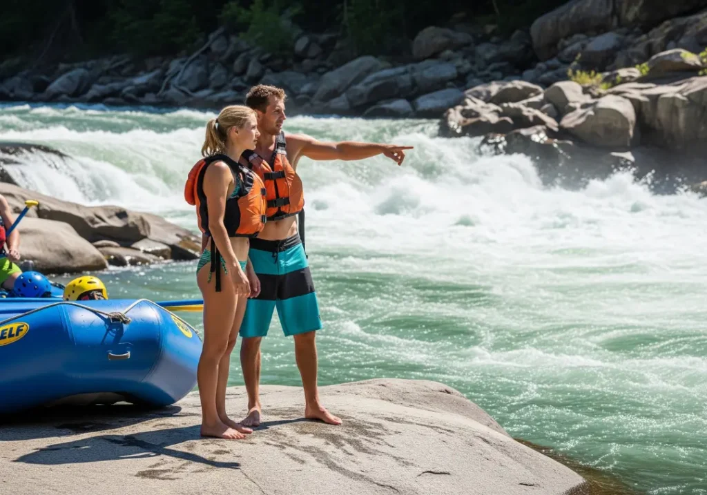 A full-body shot of a fit young couple in swimwear and PFDs scouting a complex rapid from a rock on the river's edge.