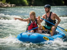 Decoding River Dynamics: Read Water Like a Pro Rafter An attractive, fit couple in their late 20s wearing swimwear and life jackets, skillfully navigating a whitewater raft under bright sunlight.