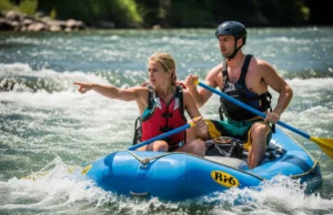 Decoding River Dynamics: Read Water Like a Pro Rafter An attractive, fit couple in their late 20s wearing swimwear and life jackets, skillfully navigating a whitewater raft under bright sunlight.
