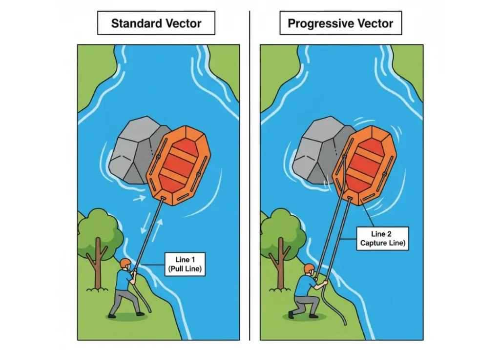 A two-panel diagram comparing a standard vector pull to a progressive vector pull for boat rescue. The left panel shows a single rope system, and the right panel shows a safer two-rope ratcheting system labeled 'Line 1' and 'Line 2'