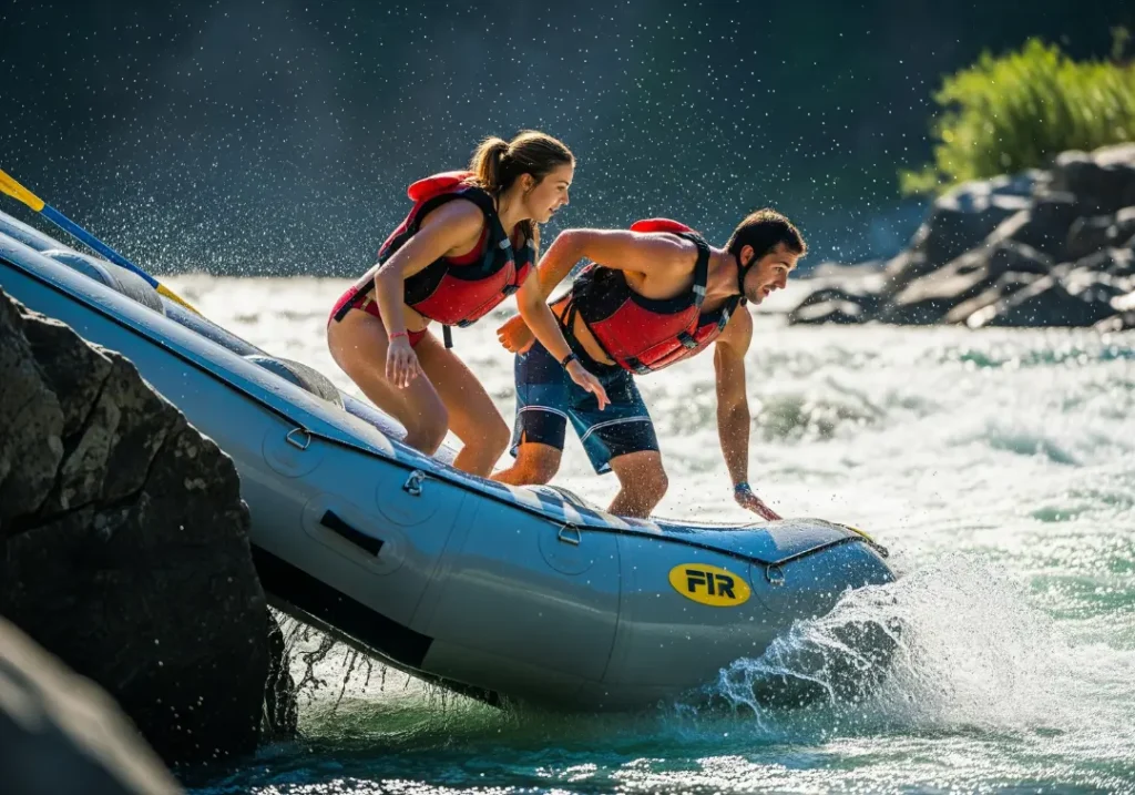 A couple in their late 20s, wearing swimwear and PFDs, high-siding on a raft that is dangerously tilted and pushed sideways against a river rock.
