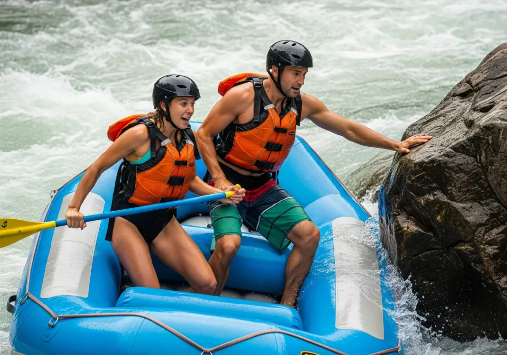 Full-body shot of a man and woman in a raft as it starts to pin against a large rock in a rapid, illustrating a capsize threat.