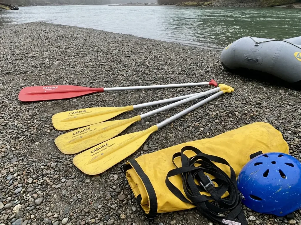 Crew kit of three matching 57-inch raft paddles and one longer stern paddle laid out on a gravel bar