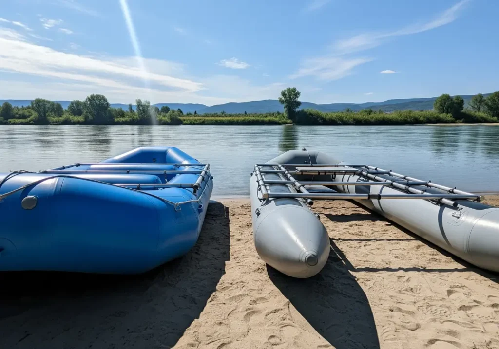 A monohull raft and a cataraft shown side-by-side on a river beach, highlighting their different hull designs.