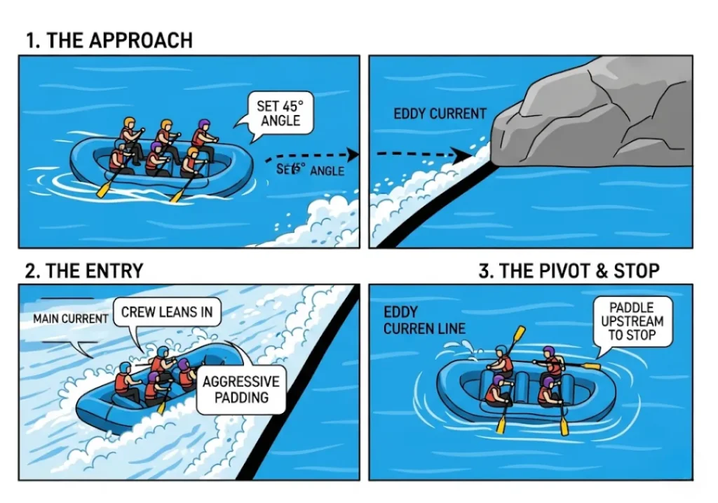 A three-panel infographic explaining how to catch an eddy in a raft. Panel 1 shows the raft approaching the eddy at a 45-degree angle. Panel 2 shows the entry, with the crew leaning in and paddling aggressively. Panel 3 shows the raft having pivoted inside the eddy, paddling upstream to stop.
