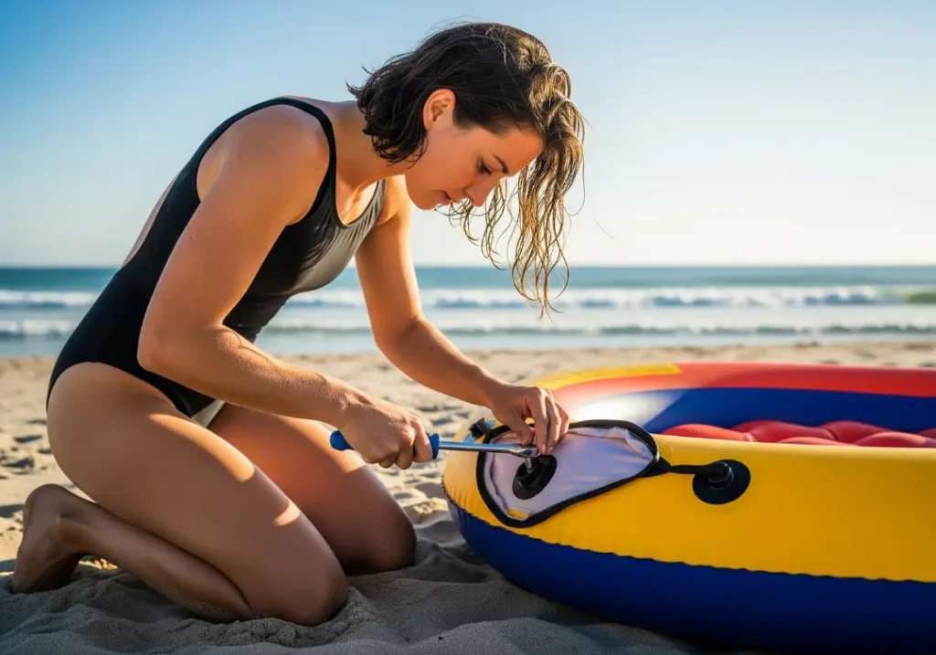 A woman in a one-piece swimsuit kneels by her raft on a beach, unscrewing a valve to identify the fabric material.