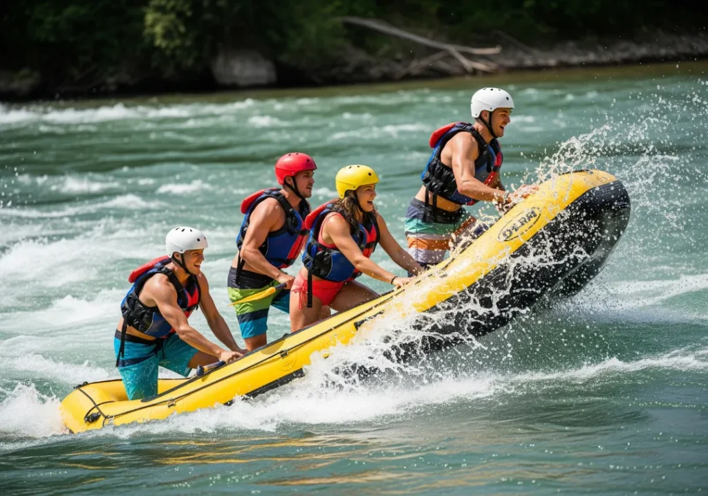 A full raft crew of four young adults demonstrates the "downstream tilt" safety maneuver while crossing a turbulent eddy line.