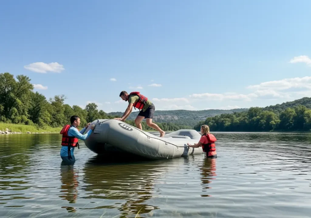 Three rafters in life jackets work together to safely recover their overturned raft from the river.