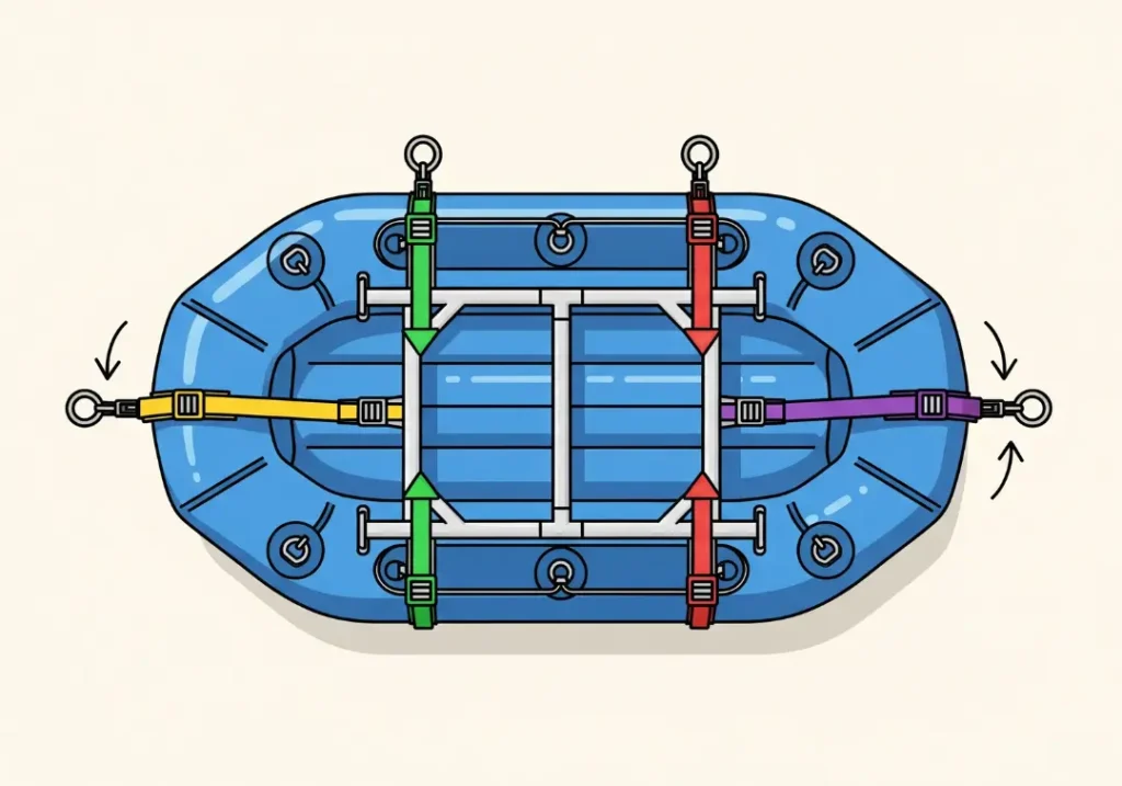 A top-down diagram illustrating the counter-tension principle for securing a raft frame. It shows four straps running in an opposing 'X' pattern from the frame corners to the raft's D-rings, with arrows indicating the direction of force
