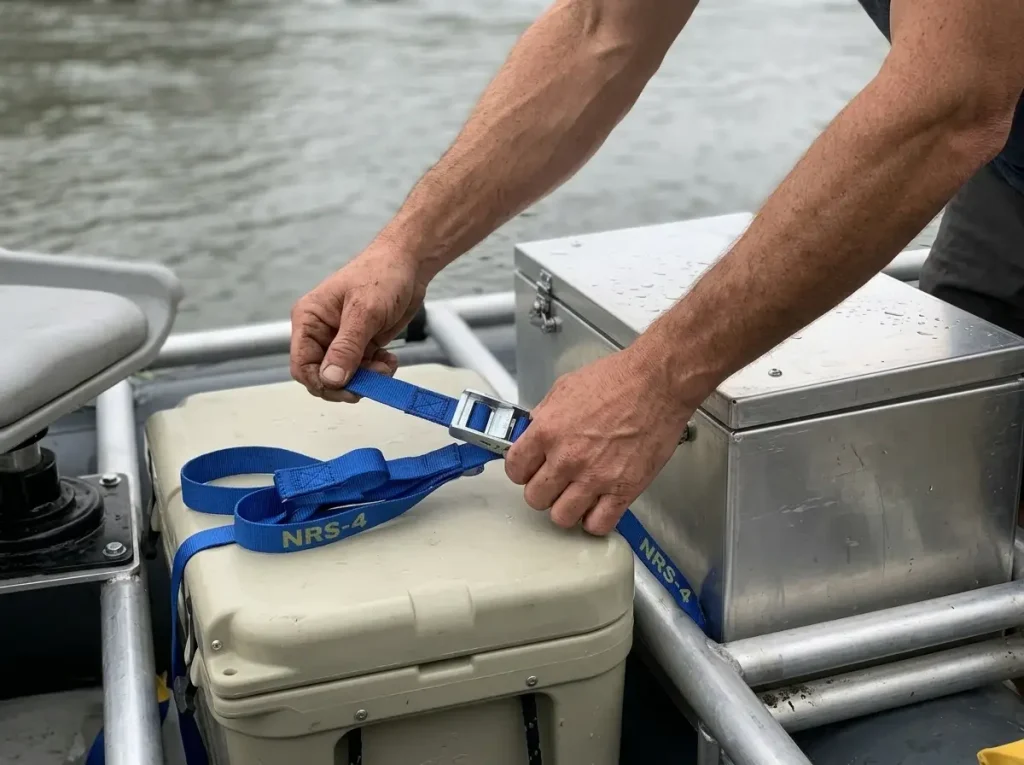 Raft frame converted for fishing with a dry box, blue loop strap and swivel seat mount