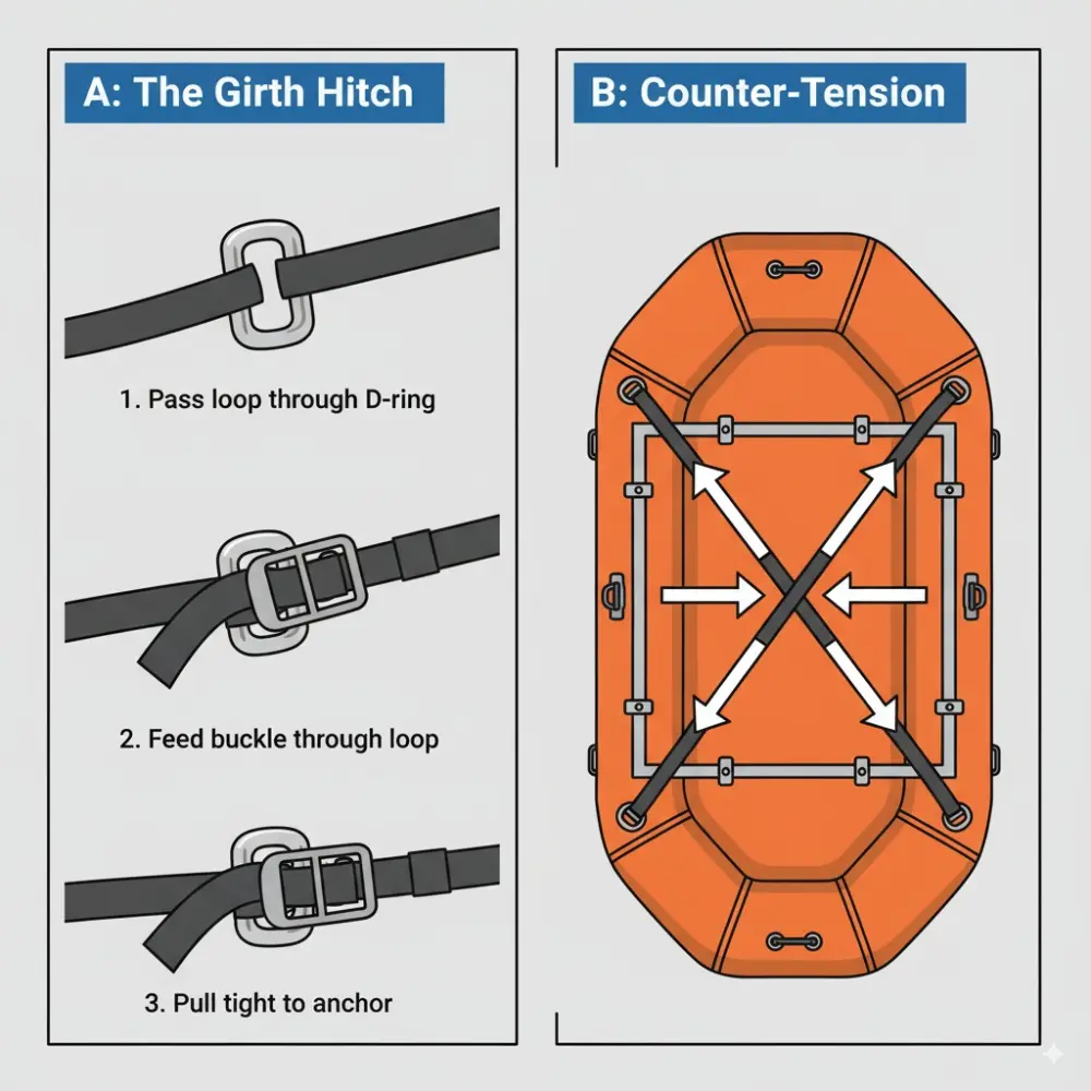 A two-part diagram explaining how to secure a raft frame. Part A shows the 3-step process of tying a girth hitch to a D-ring. Part B shows a top-down view of a raft with four straps arranged in a diagonal counter-tension pattern to lock the frame in place