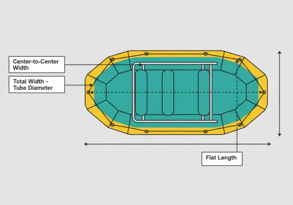 A diagram showing how to measure a raft for a frame. It illustrates the 'Center-to-Center Width' across the tubes and the 'Flat Length' along the straight part of a side tube.