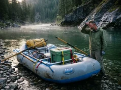 3 Raft Frame Types Compared Before You Overbuy Rigged AIRE raft frame with Sawyer oars at a river put-in on a calm canyon morning
