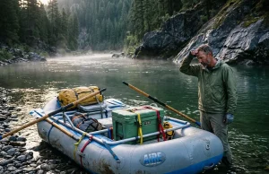 3 Raft Frame Types Compared Before You Overbuy Rigged AIRE raft frame with Sawyer oars at a river put-in on a calm canyon morning