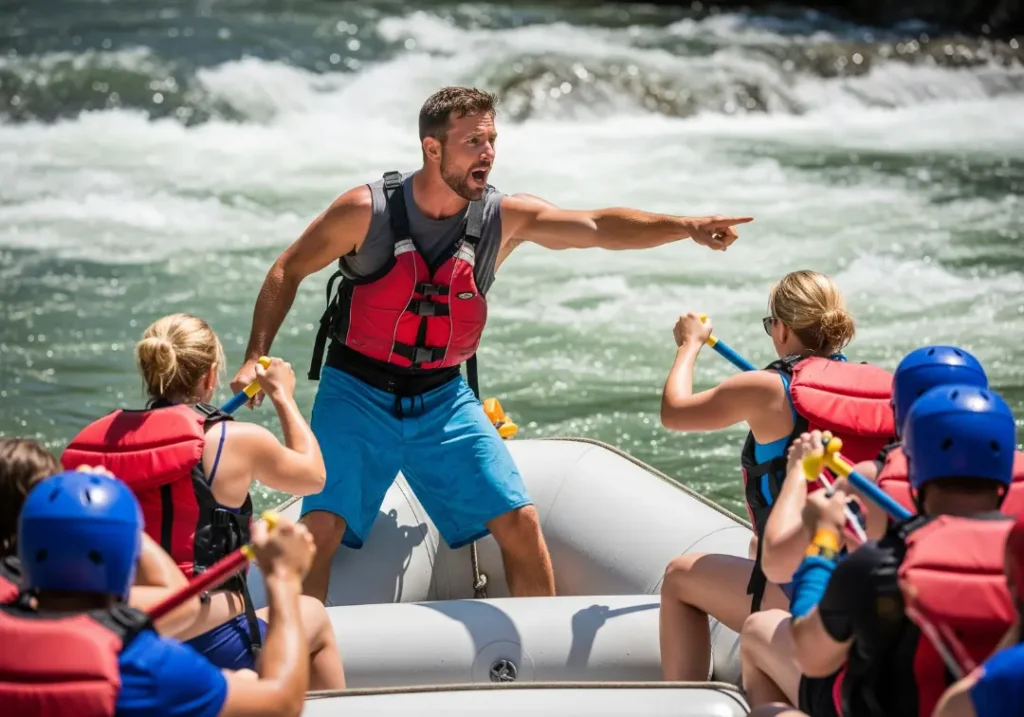 A full-body photo of a male raft guide giving commands to his team as they paddle through a rapid.