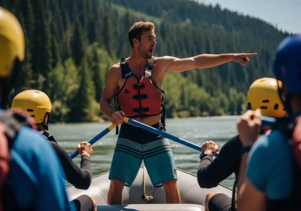 A full-body shot of a male raft guide at the stern of the boat, shouting a command and pointing through a whitewater rapid.