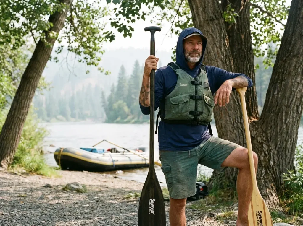 Tall raft guide holding a long 66-inch guide paddle next to a shorter guest paddle to compare length
